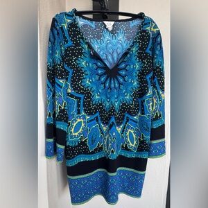 ECI New York Tunic Blue/Black Geometric Pattern 3/4 Bell Sleeve V-Neckline Large